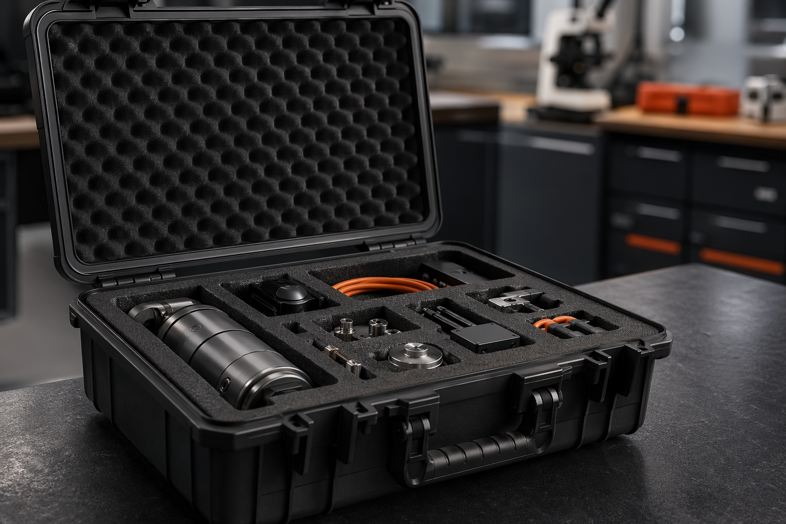 Professional hard case with custom foam insert and organized equipment